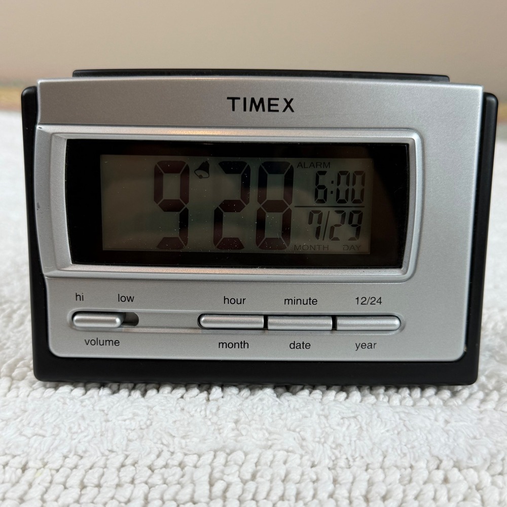 Timex Digital Alarm Clock Silver Black LCD Display Snooze Light T121B
